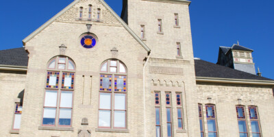 Main entrance and clock tower of the Victoria Playhouse Petrolia