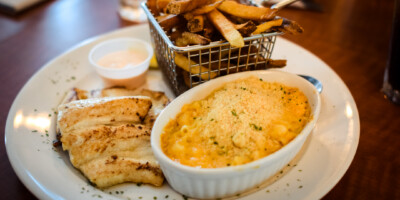 plate of fish gourmet macaroni and fries
