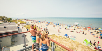 LOCATION: GRAND BEND, ON Family looking from the observation deck at Grand Bend beach