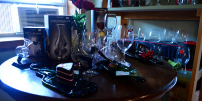 Wine glass and carafe display at Alton Farms Winery
