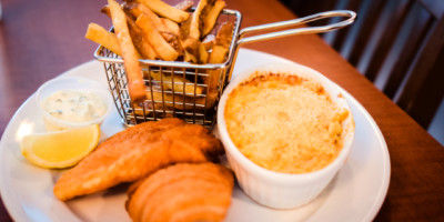 plate of fish gourmet macaroni and fries