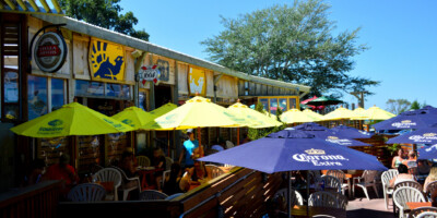 people eating on the patio at growling gator restaurant grand bend