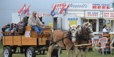 Children enjoying a horse drawn wagon ride at the Brigden Fair