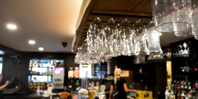 Glasses hanging above the bar at Smackwater Jacks